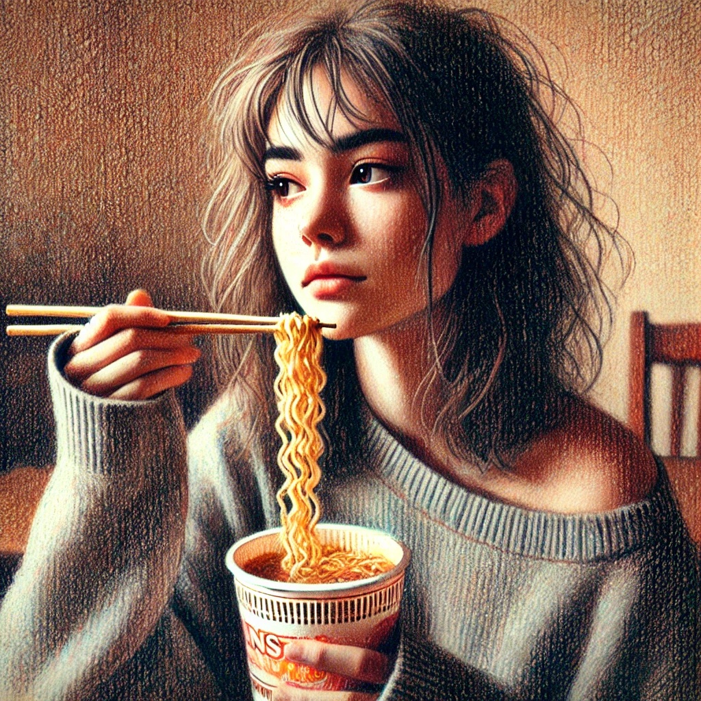 カップ麺を食べる女性（AI画像）