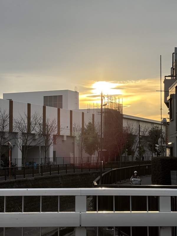 都内の川沿い、夕暮れの風景（修復済み）